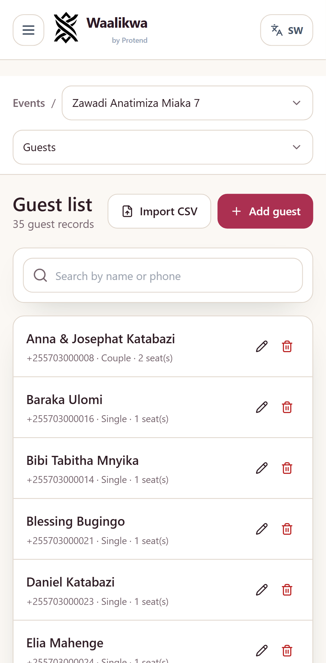 A birthday party guest list of about thirty-five entries, mixing families holding several places with single schoolfriends.