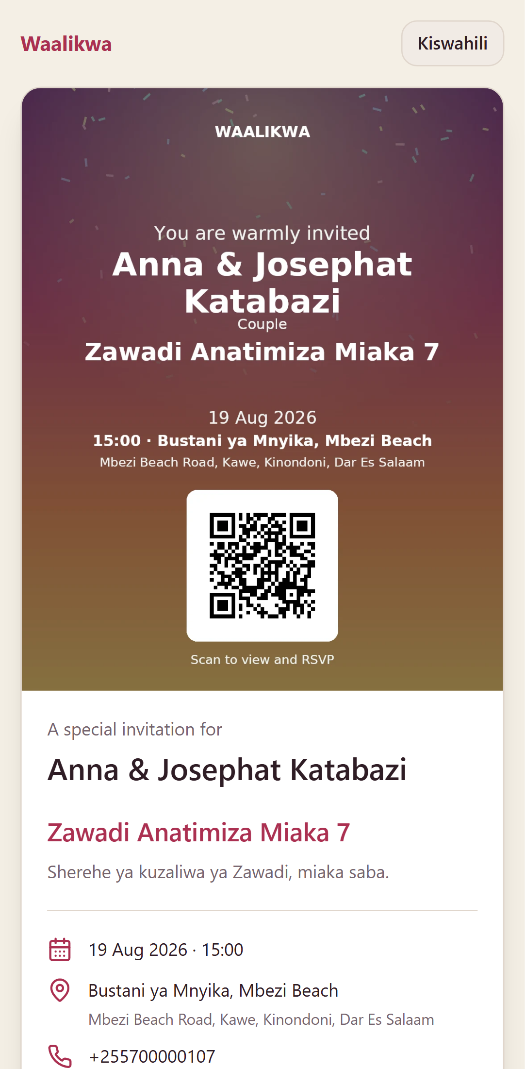 A birthday invitation as the guest sees it on their phone, brightly coloured with the child's party details and a scannable code.