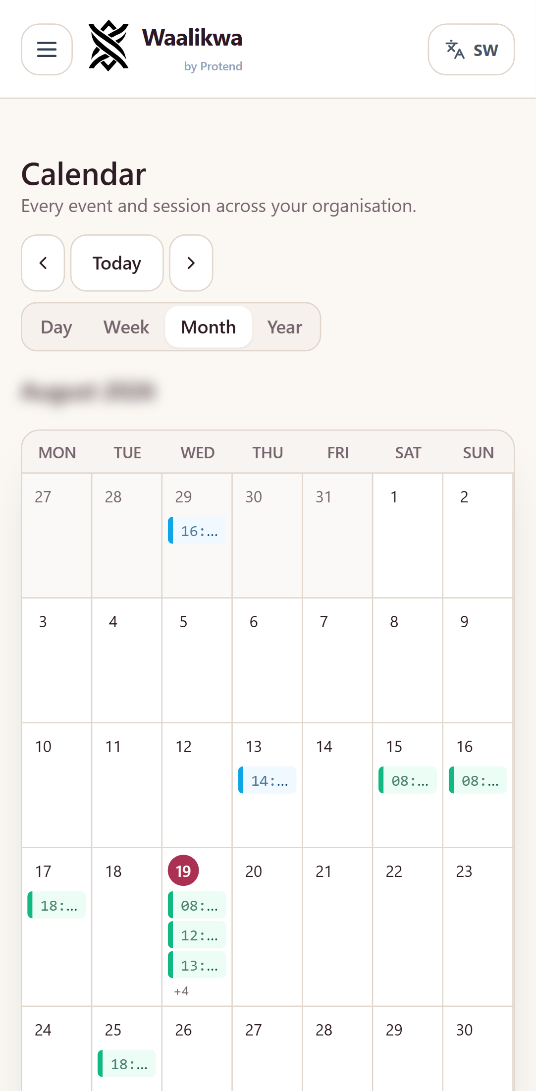 The Waalikwa calendar in month view, with colour-coded event and session chips across the weeks.