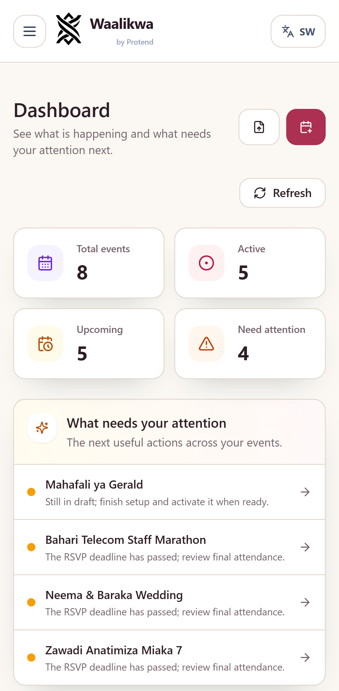 The Waalikwa dashboard, showing event counts, what needs attention, and a table of upcoming events.
