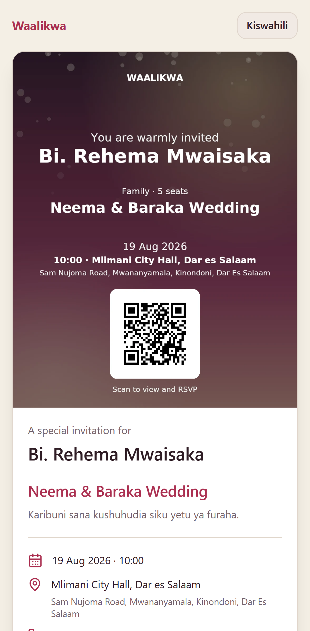 The invitation as a guest sees it on their phone, with the artwork and buttons to accept or decline.