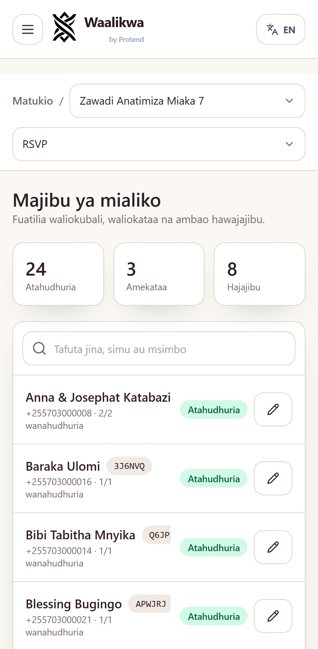 Skrini ya RSVP ya sherehe ya kuzaliwa, yenye hesabu za wanaokuja, waliokataa na wanaosubiriwa juu ya orodha inayotafutika.