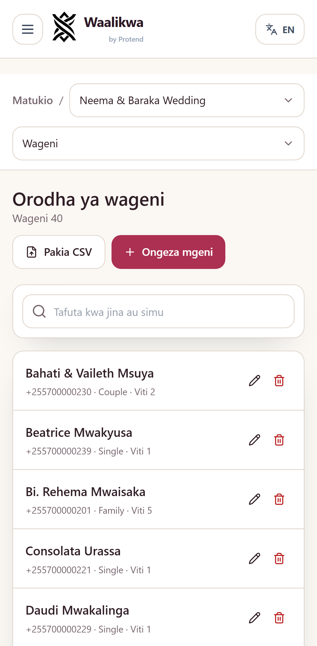 Skrini ya orodha ya wageni, ikionyesha aina ya kila mgeni na idadi ya viti mwaliko wake unaruhusu.